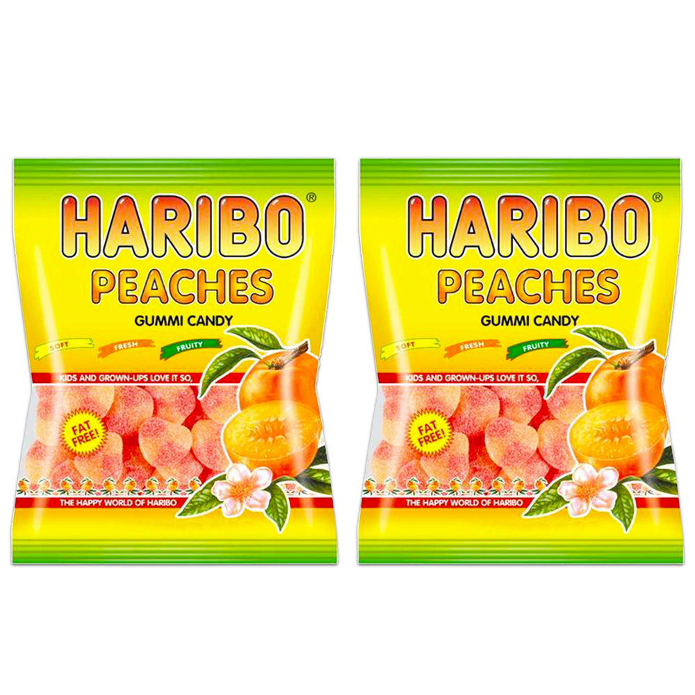 Haribo Peaches Gummi Candy bags—soft, sugar-dusted peach gummies perfect for snacking and sharing.