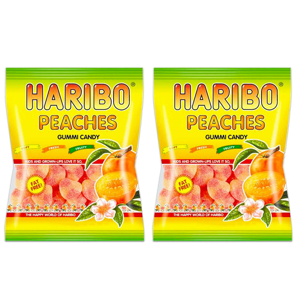 Haribo Peaches Gummi Candy bags—soft, sugar-dusted peach gummies perfect for snacking and sharing.