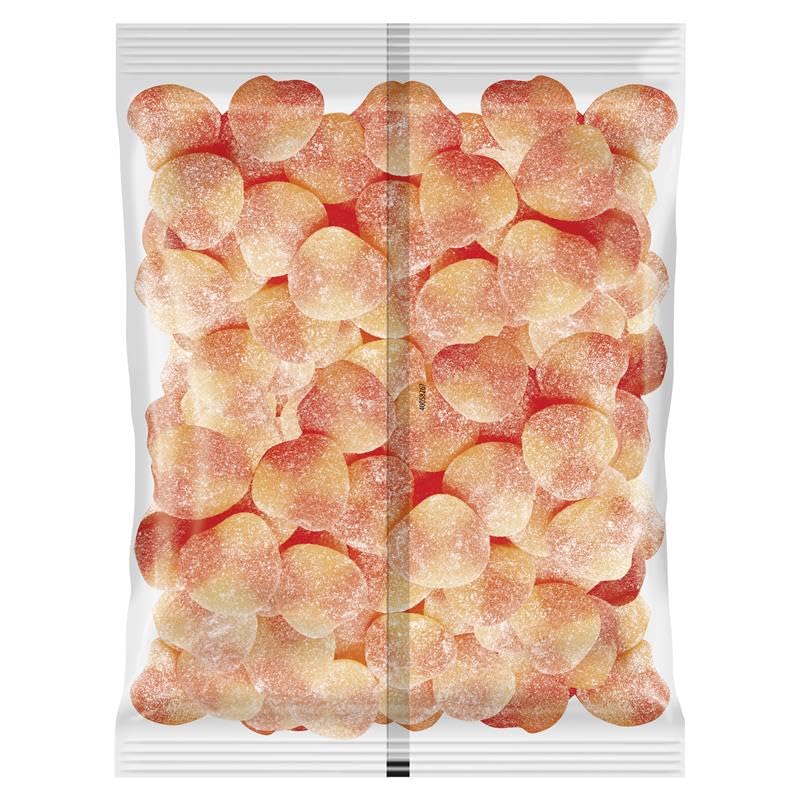 Haribo Peaches gummies close-up highlighting soft, chewy texture