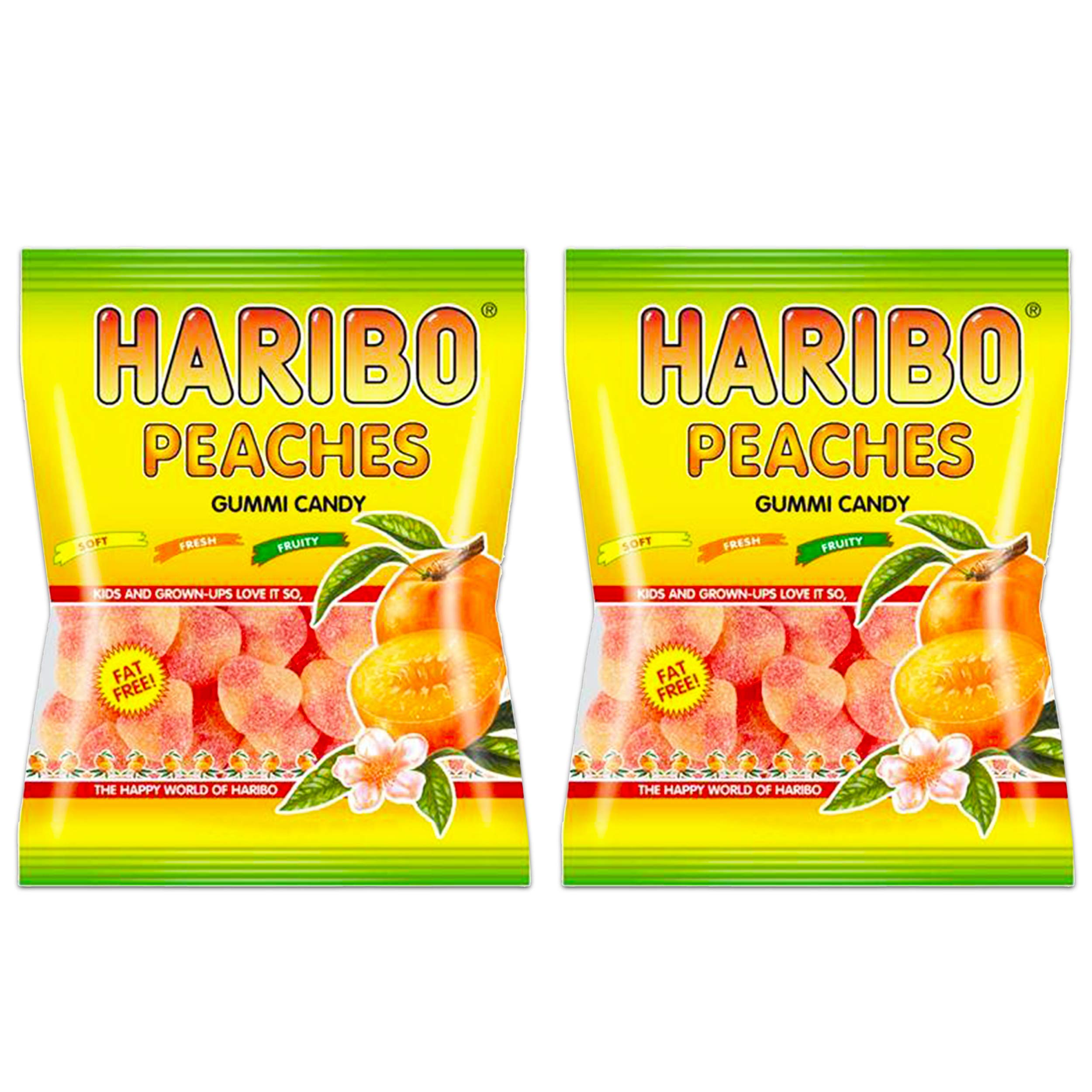 Haribo Peaches Gummi Candy close-up shows soft, chewy peach gummies ideal for dessert decoration.