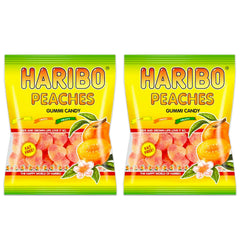 Haribo Peaches Gummi Candy close-up shows soft, chewy peach gummies ideal for dessert decoration.