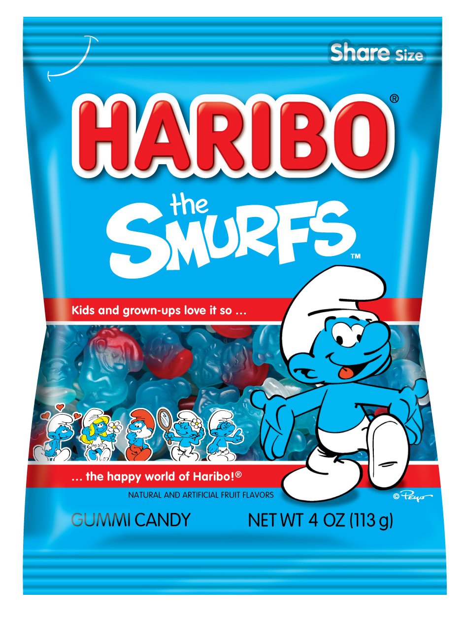 Haribo Smurfs blue blueberry gummy shapes provide a playful snack for kids.