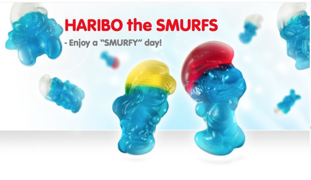 Haribo Smurfs blueberry gummies close-up showing chewy texture.