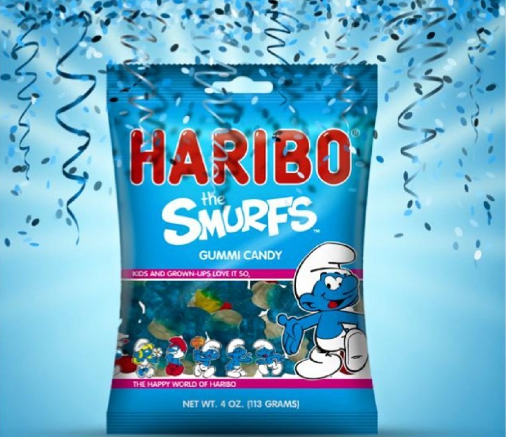 Haribo Smurfs gummies with red, white, and yellow caps for lunchbox treats.