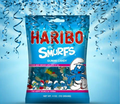 Haribo Smurfs gummies with red, white, and yellow caps for lunchbox treats.