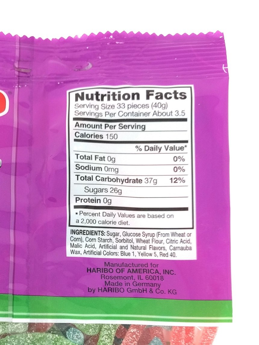 Close-up of Haribo Sour Spaghetti gummies for snack time fun