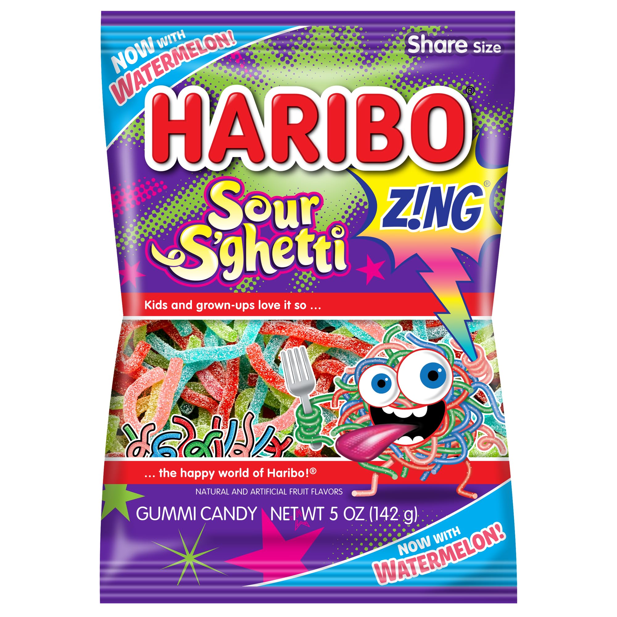 Haribo Sour Spaghetti gummy candy 5 oz pack—vibrant colors ideal for on-the-go snacking.