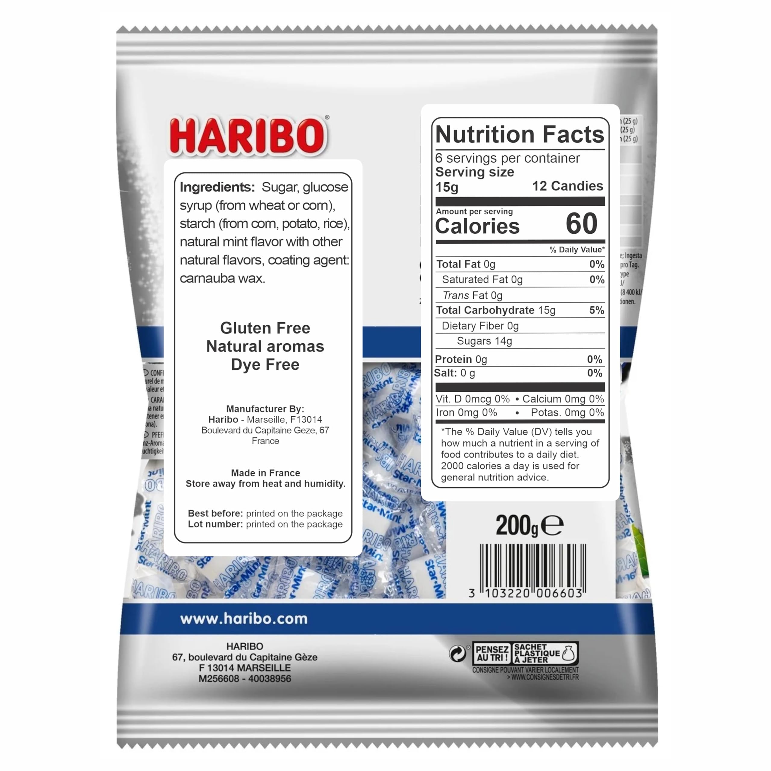 Haribo Starmint close-up mints highlight crisp coating and mint aroma.
