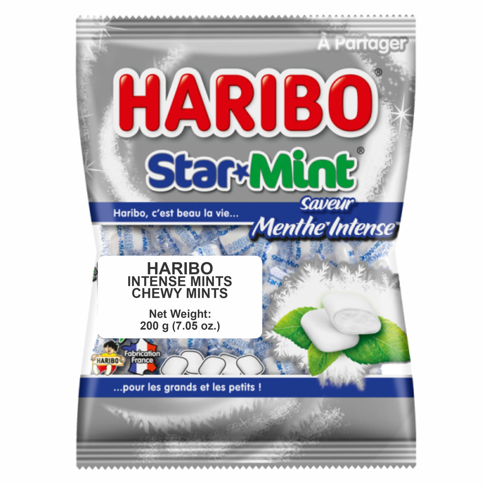 Haribo Starmint intense pack showcases bold mint flavor for post-meal refreshment.