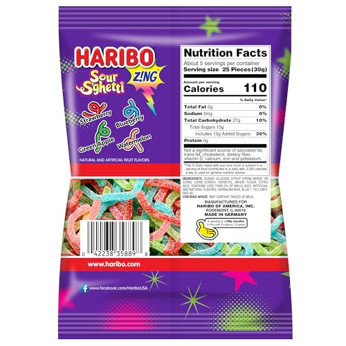 Haribo Z!NG Sour S’ghetti pack showing fruity flavors ideal for sharing at parties