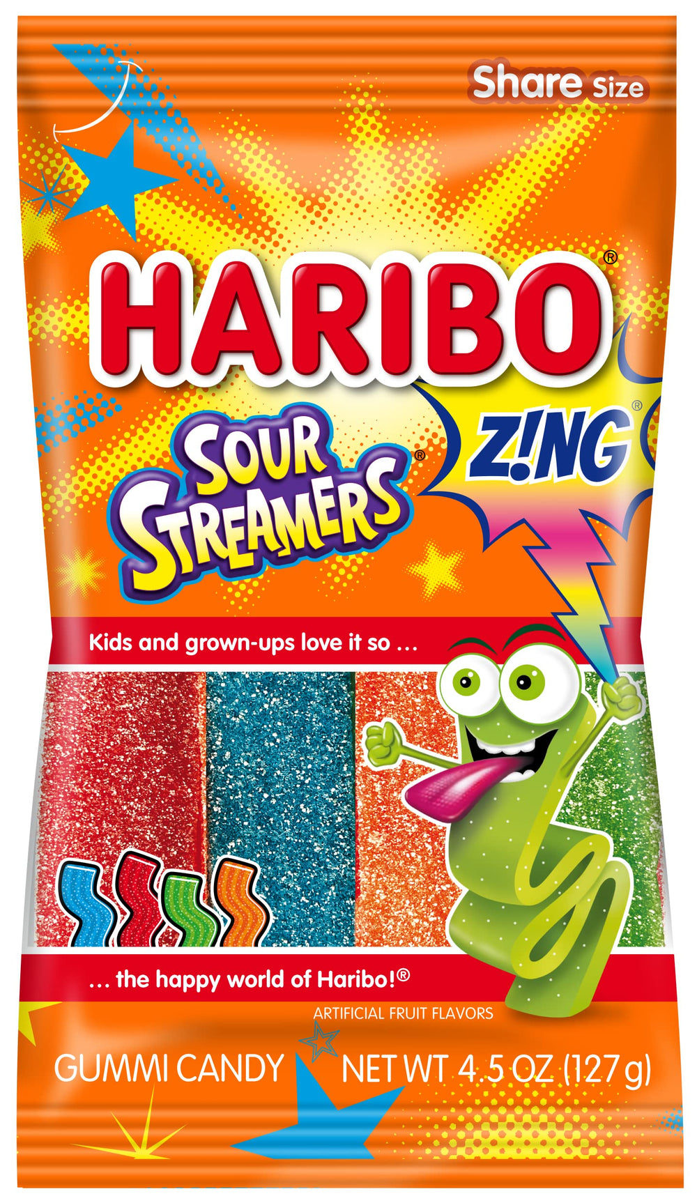 Haribo Z!NG Sour Streamers bag showing tangy, chewy candy ideal for sharing.