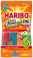 Haribo Z!NG Sour Streamers bag showing tangy, chewy candy ideal for sharing.