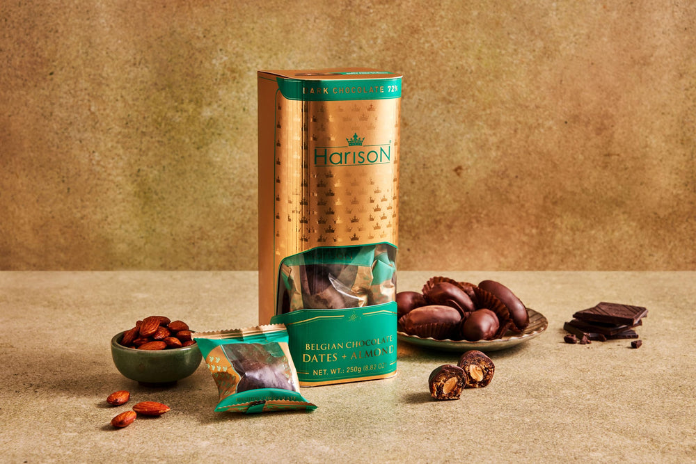 Harison hand-stuffed date dipped in dark chocolate, showcasing premium texture.