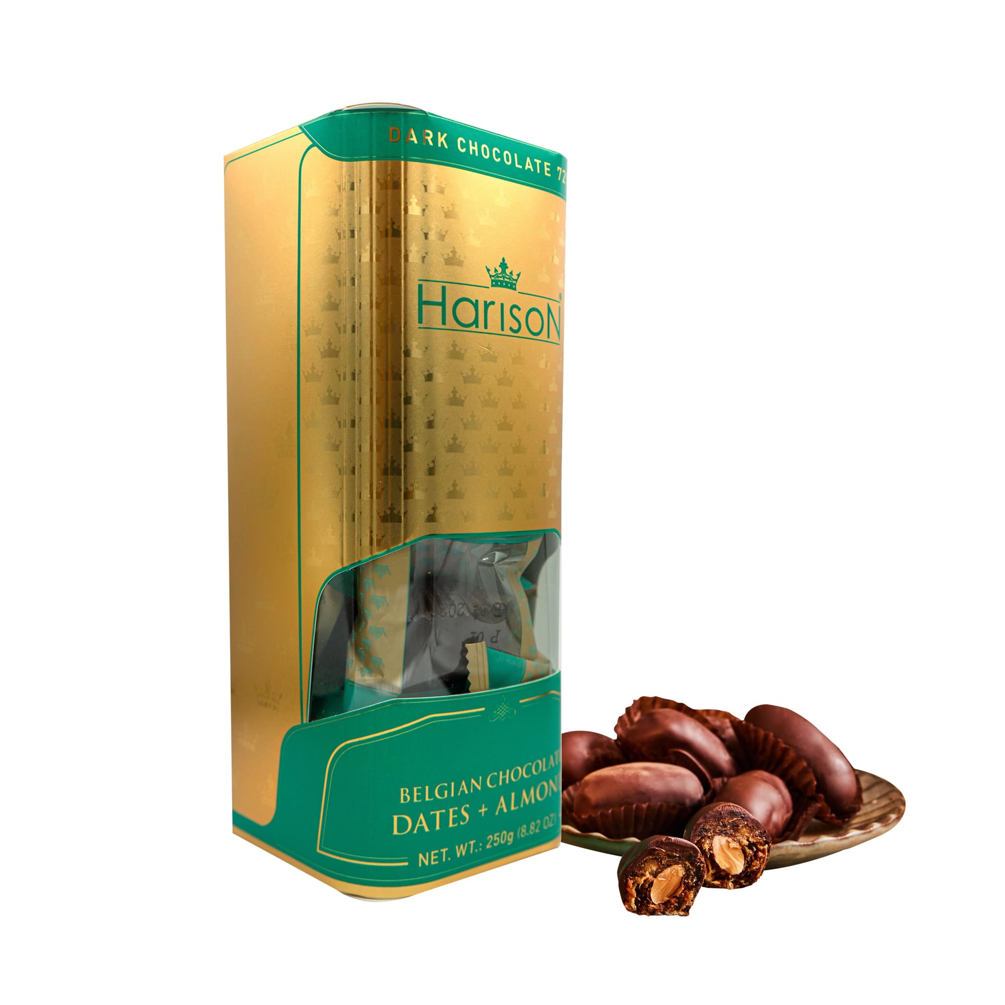 HARISON premium dark chocolate dates with almonds packshot; a refined gourmet snack.