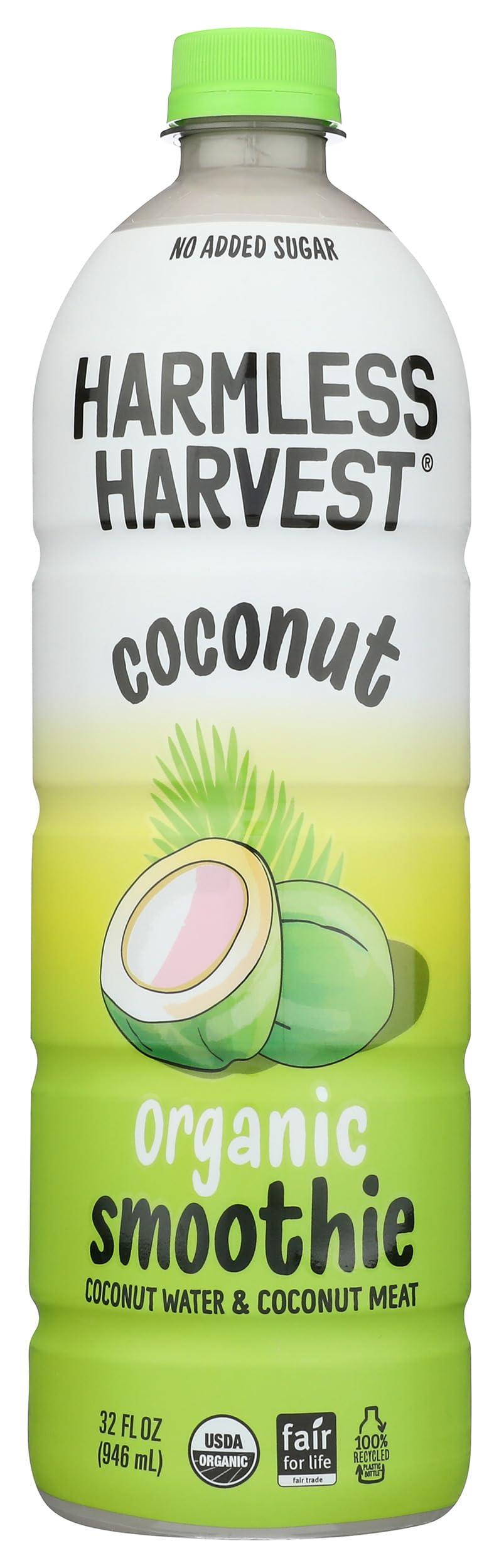 Harmless Harvest Organic Original Coconut Smoothie bottle closeup showing creamy texture and refreshing appeal.