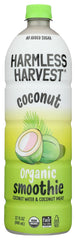 Harmless Harvest Organic Original Coconut Smoothie bottle closeup showing creamy texture and refreshing appeal.