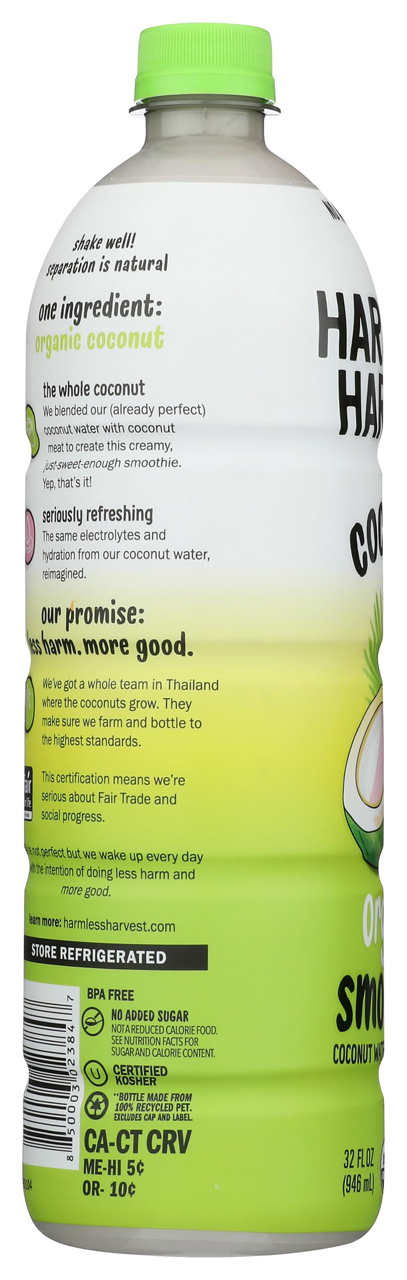Harmless Harvest Organic Original Coconut Smoothie bottle-top-detail features the sleek bottle cap and branding.