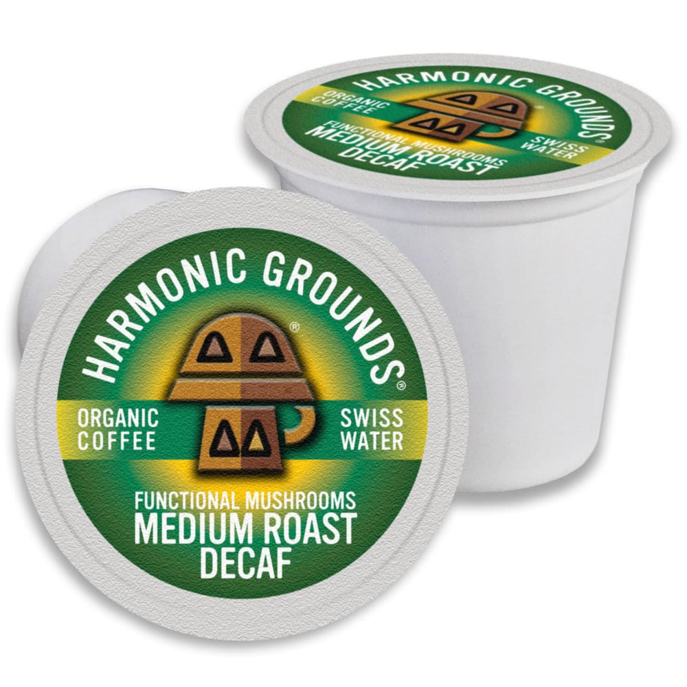 Harmonic Grounds decaf coffee pods with Swiss Water, preserving flavor without caffeine.