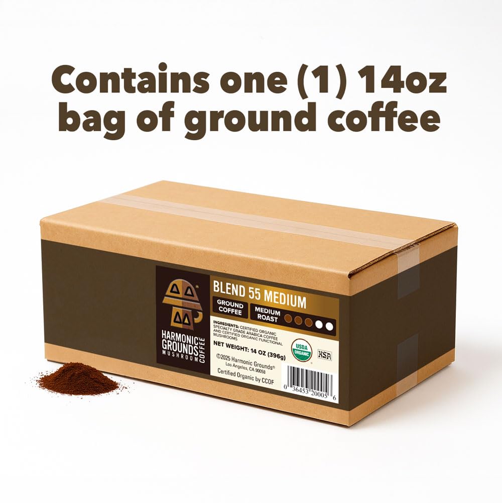 Harmonic Grounds label close-up reveals Lion's Mane and Reishi for aroma.