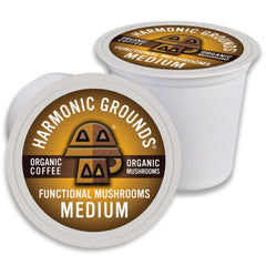 Harmonic Grounds organic mushroom coffee pods box for quick, convenient brewing.