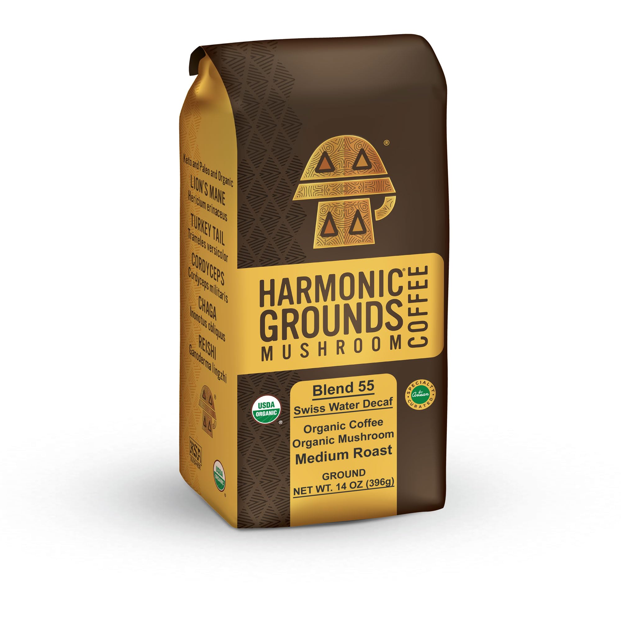 Harmonic Grounds Swiss Water Decaf bag ready for a caffeine-free brew with rich flavor