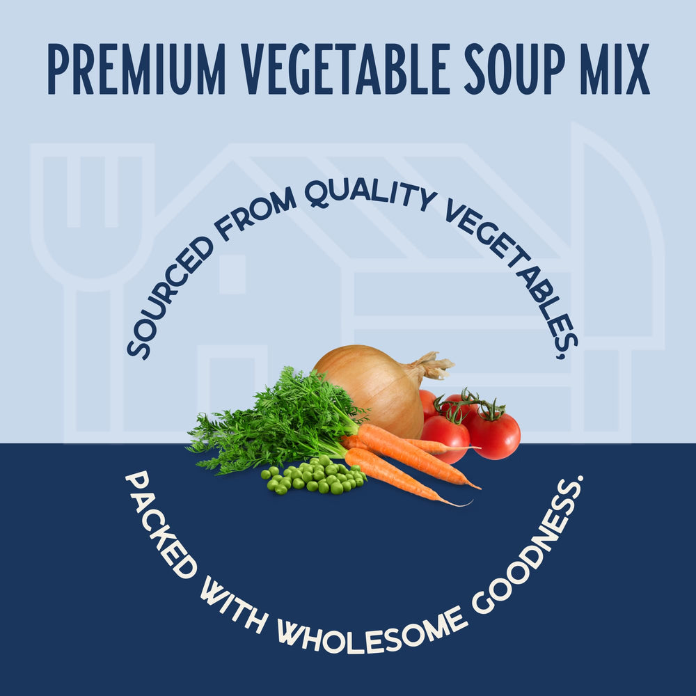 Harmony House Premium Vegetable Soup Mix in a bowl, prepared for a simple dinner.