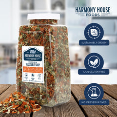 Harmony House Premium Vegetable Soup Mix jar side, view of packaging and label.