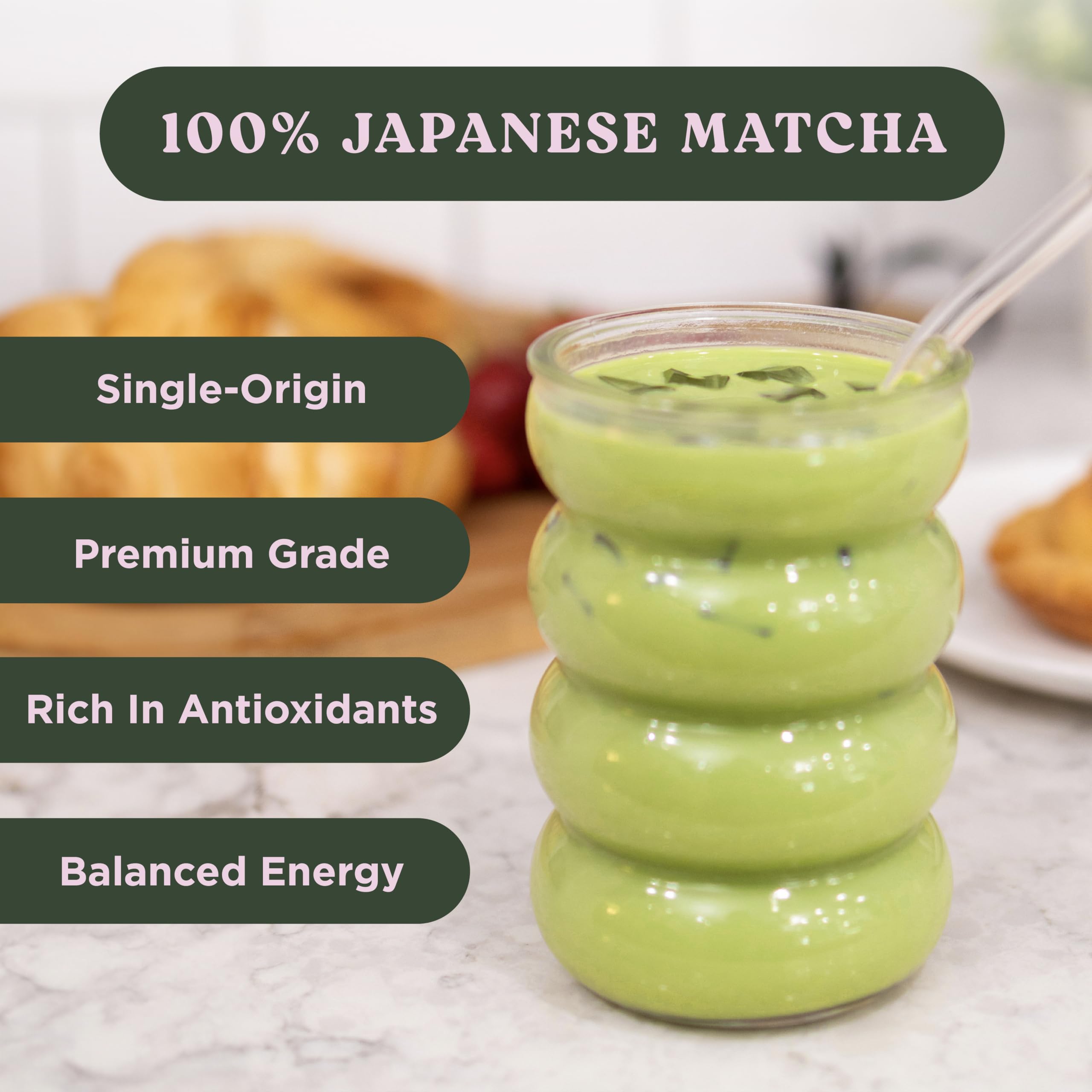 Harmony Proteins Matcha Lavender latte glass shows emerald-green beverage