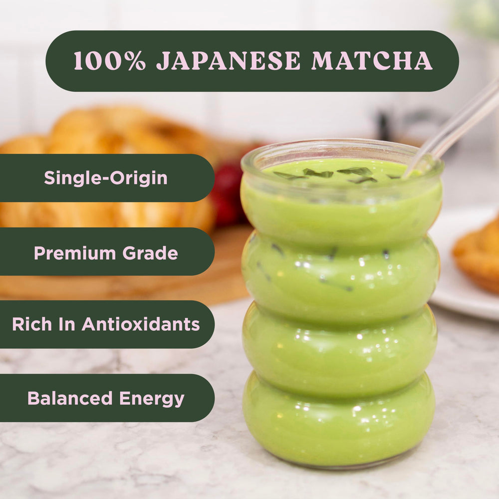 Harmony Proteins Matcha Lavender latte glass shows emerald-green beverage