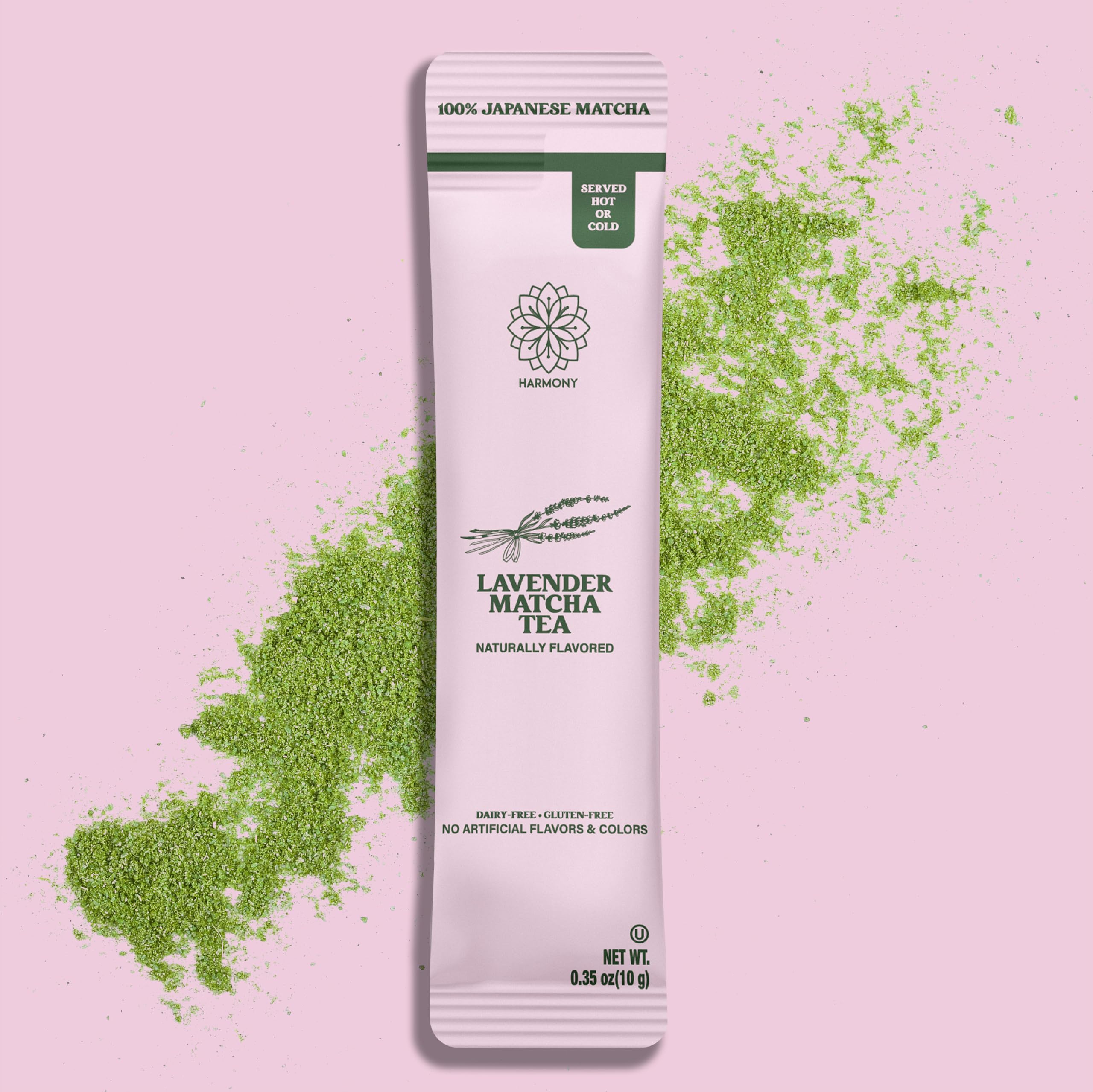 Harmony Proteins Lavender flowers with matcha powder highlight natural floral flavor notes