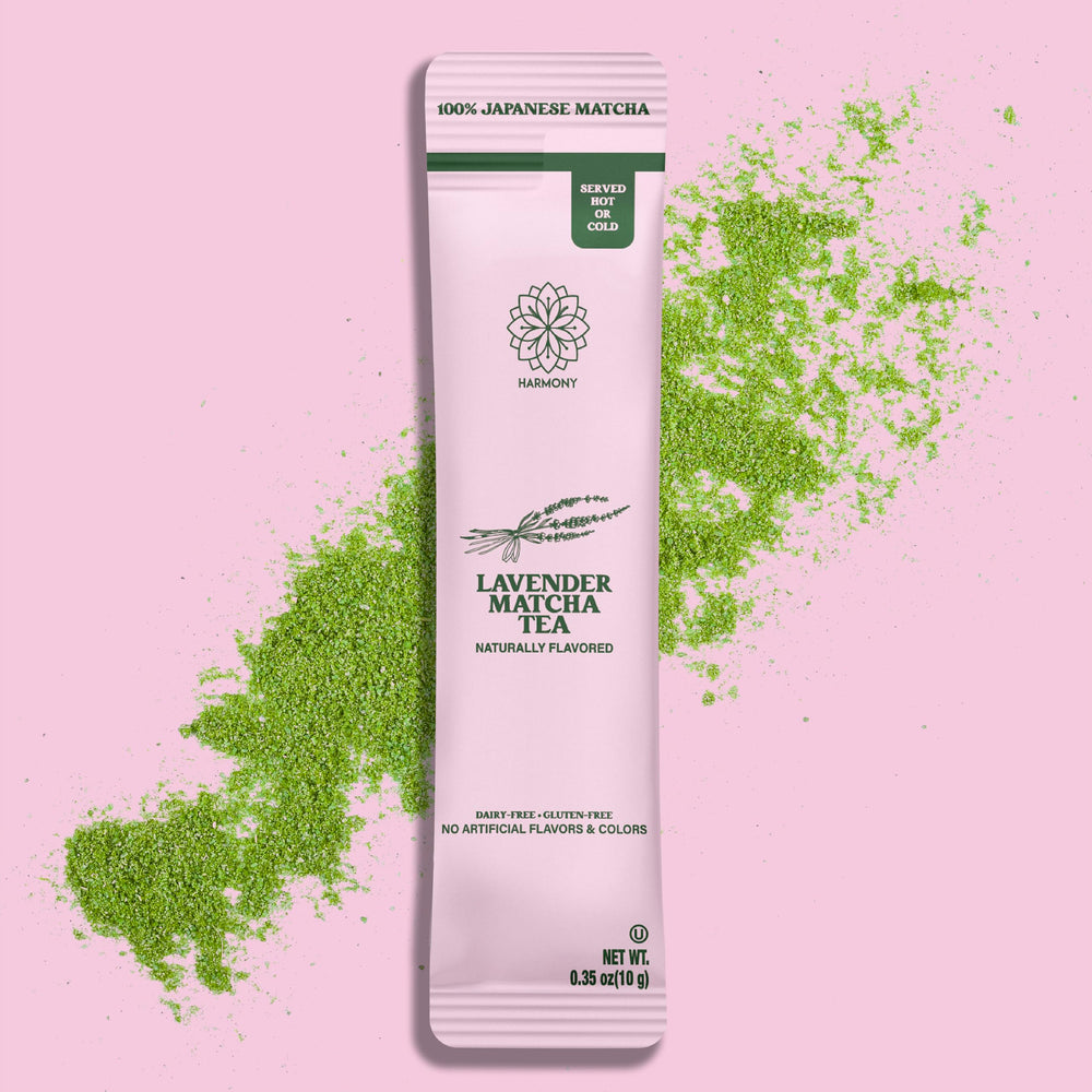 Harmony Proteins Lavender flowers with matcha powder highlight natural floral flavor notes