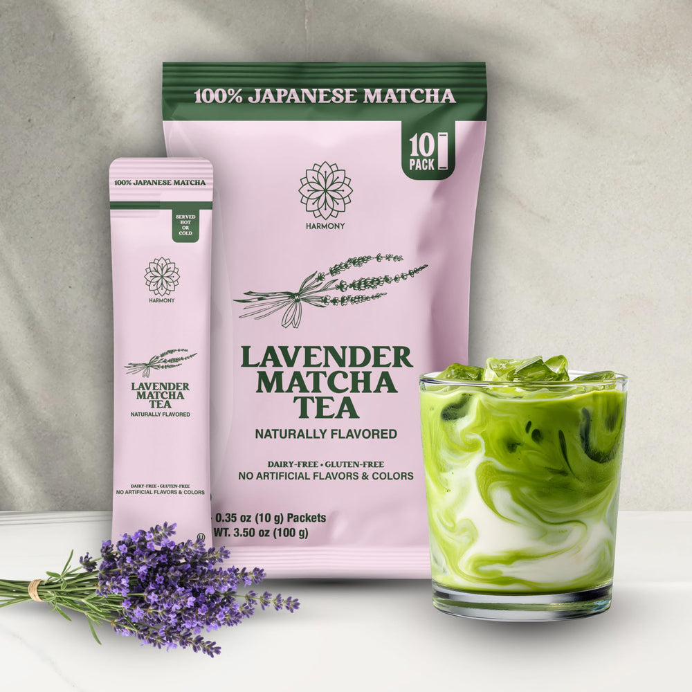 Harmony Proteins The Harmony Matcha Lavender packaging with sticks for on-the-go energy