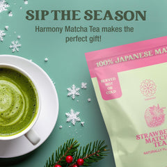 Harmony Proteins matcha strawberry powder texture reveals vibrant green color and fine grind for easy whisking.