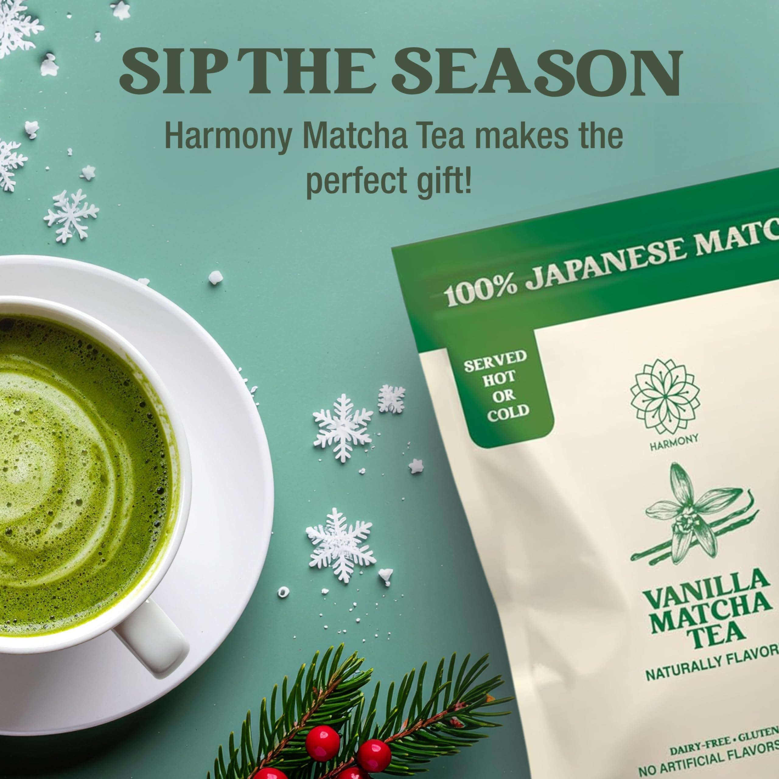 Harmony Proteins The Harmony Matcha Vanilla cup steaming highlights warm aroma and inviting flavor.