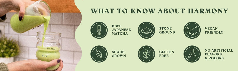 Harmony Proteins The Harmony Matcha Vanilla label-detail highlights clean, vegan, gluten-free ingredients.