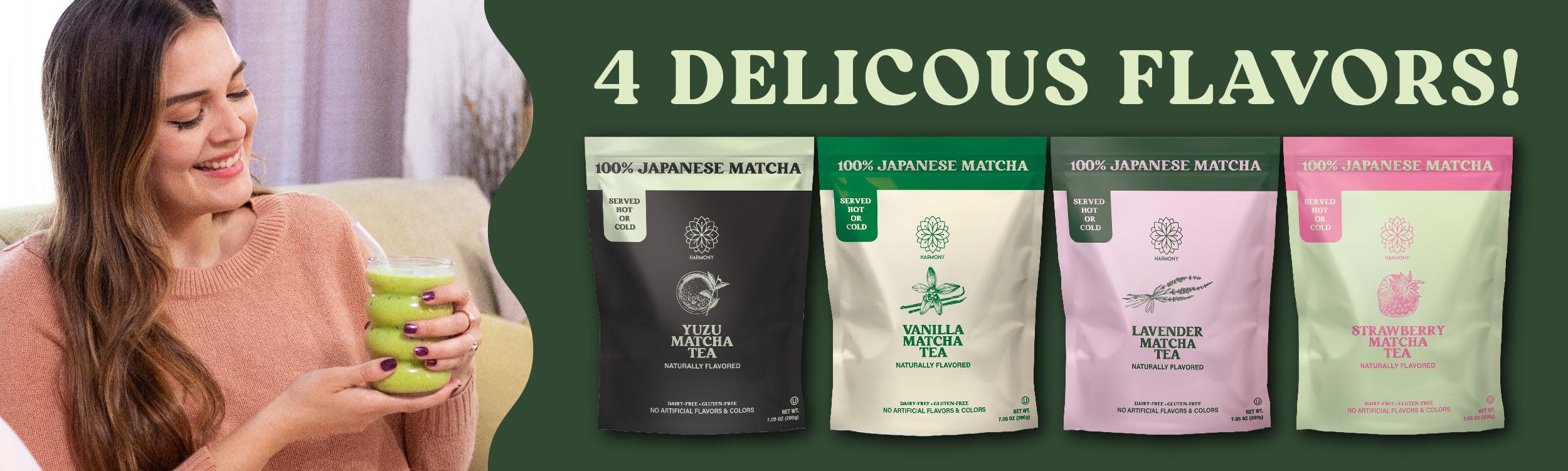Harmony Proteins The Harmony Matcha Vanilla packaging-closeup communicates freshness and resealability.