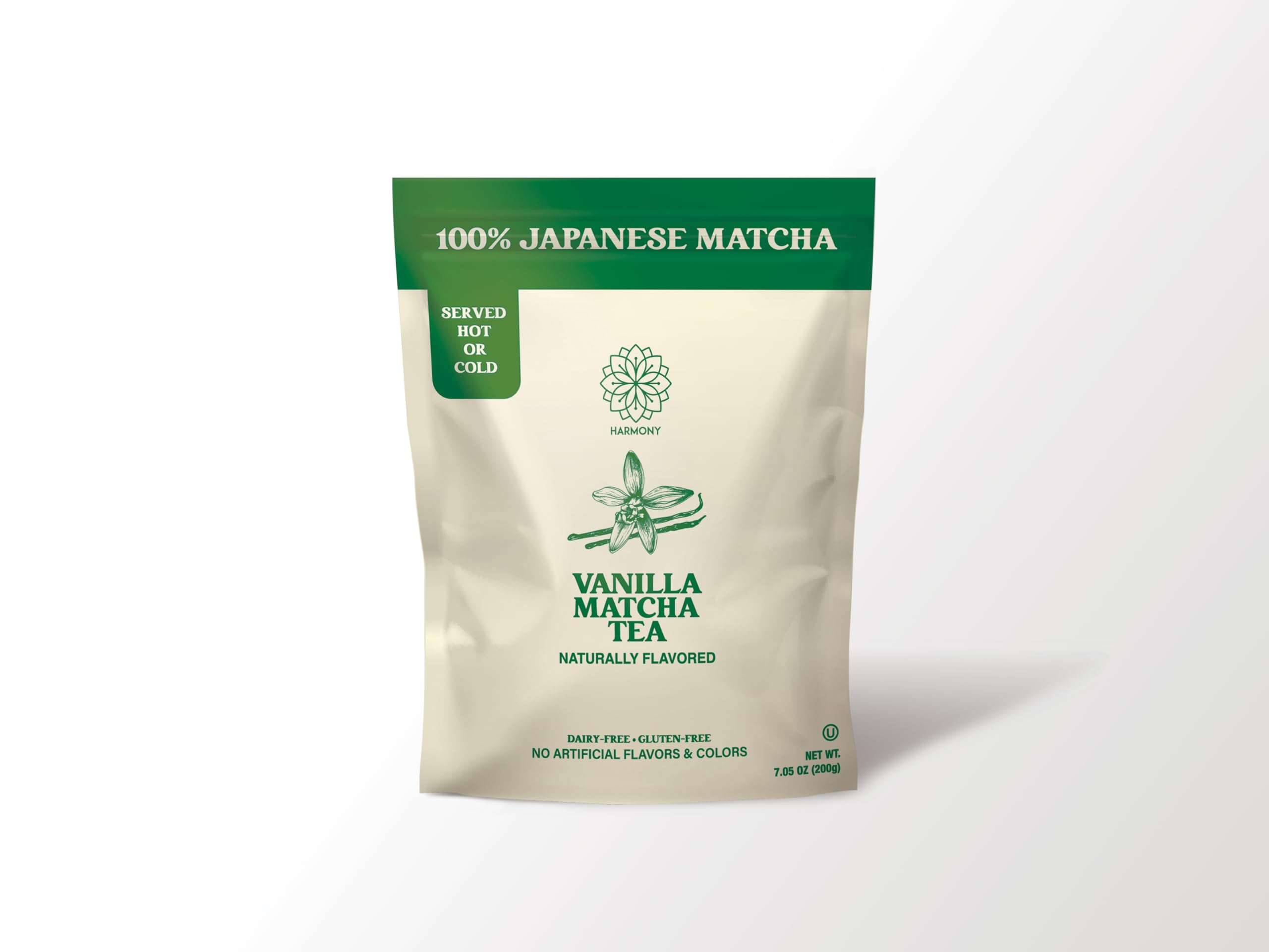 Harmony Proteins The Harmony Matcha Vanilla bag with steaming cup for a smooth, focused moment.
