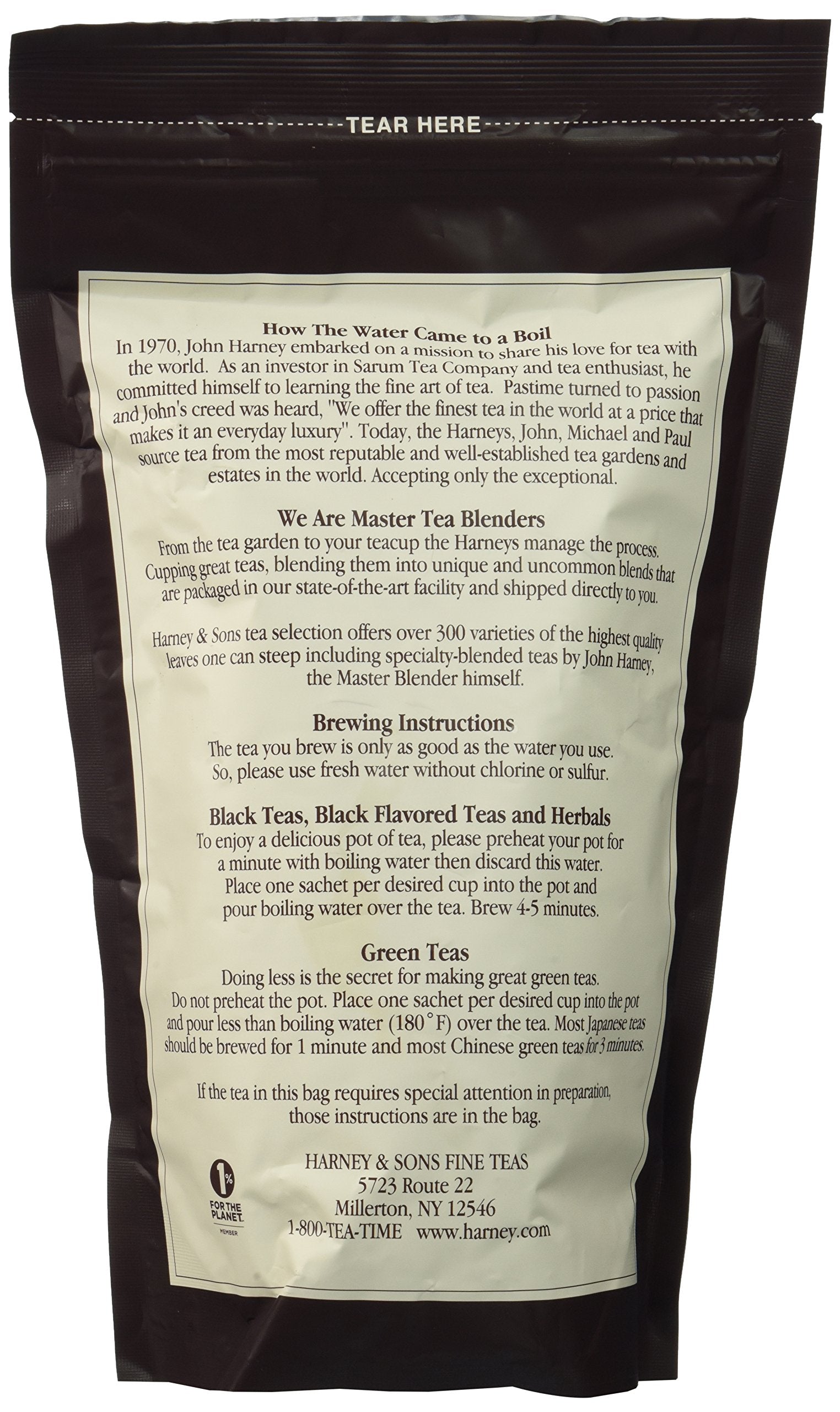 Harney & Sons Chamomile sachets close-up, convenient 50-pack for winding down.