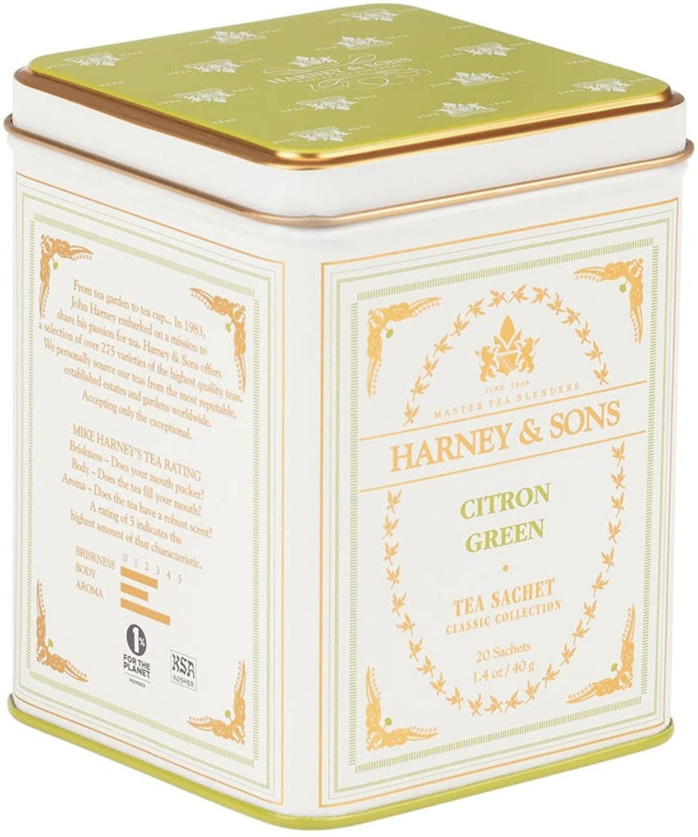 Harney & Sons Citron Green Tea tin, subtle citrus flavor ideal for gentle green tea introduction