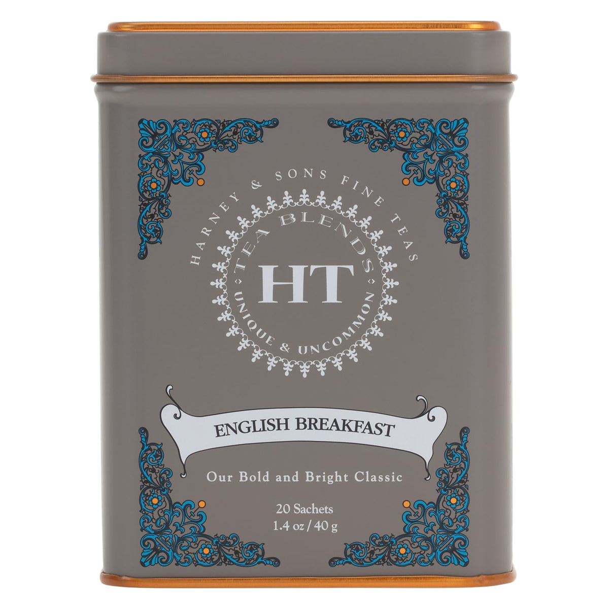 Harney & Sons English Breakfast tea tin displaying full-leaf blend for a robust morning ritual