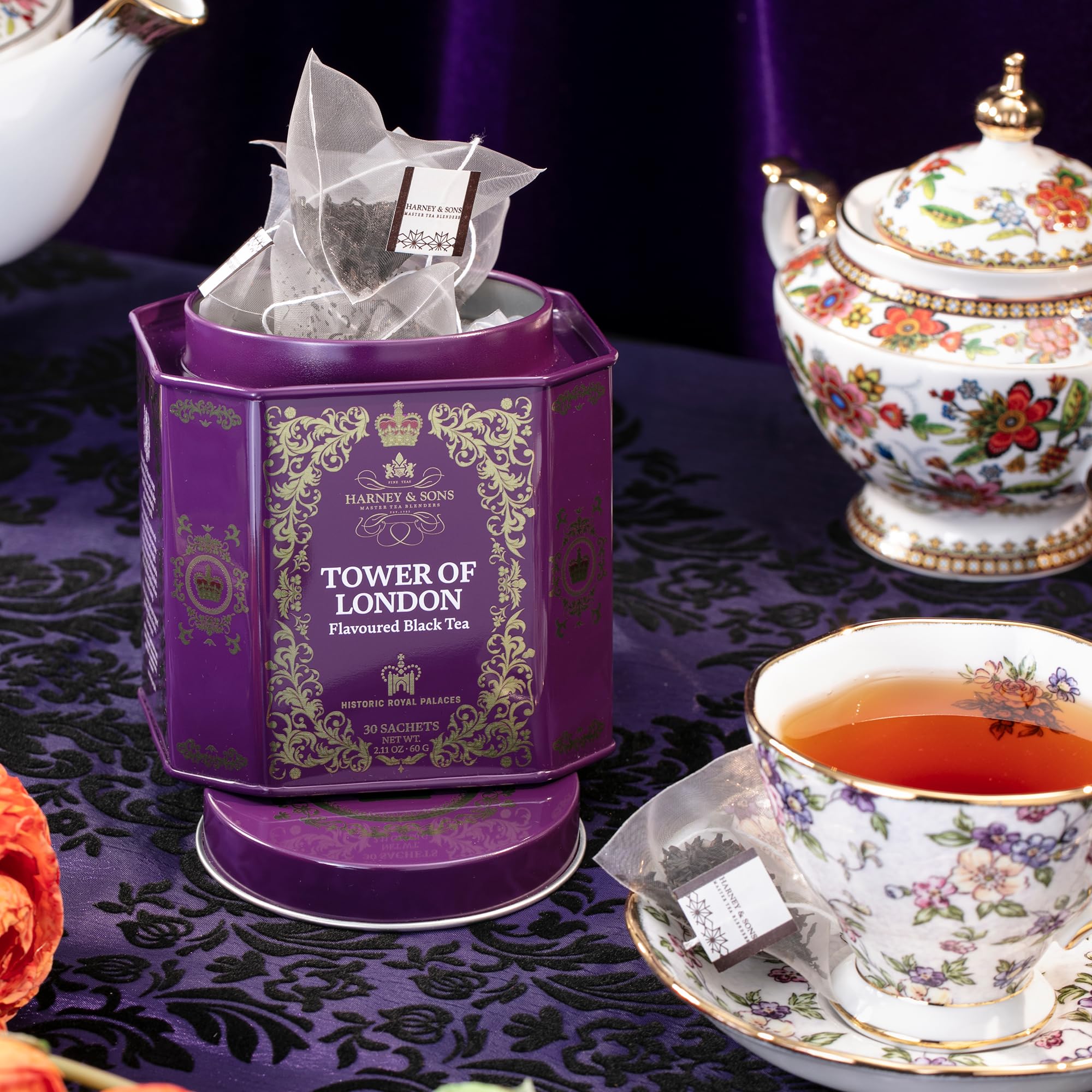 Gift-ready Harney & Sons Tower of London tea tin on display.