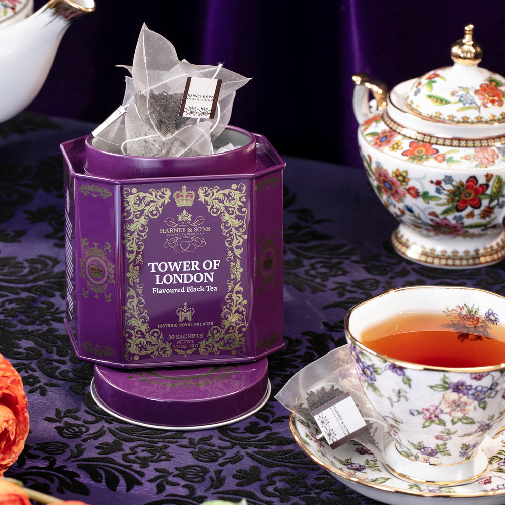 Gift-ready Harney & Sons Tower of London tea tin on display.