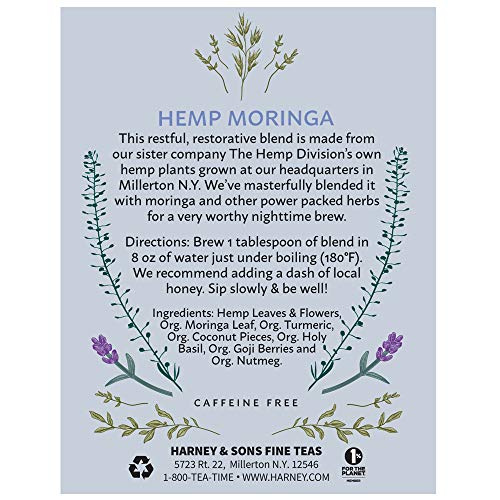 Product label detail highlighting organic ingredients and hemp moringa blend.