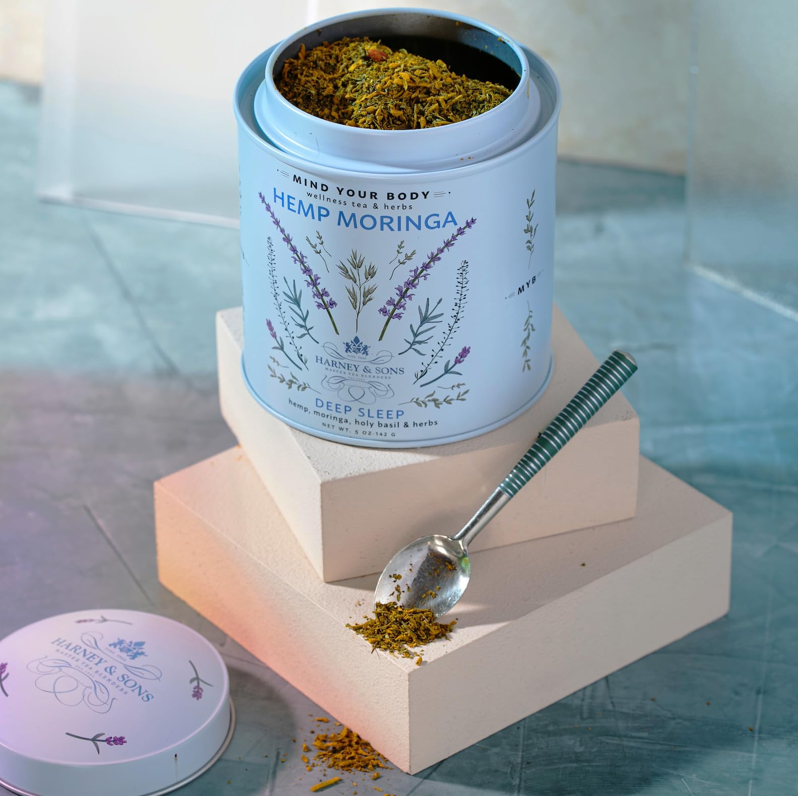 Packaging close-up showing the Harney and Sons hemp moringa blend.