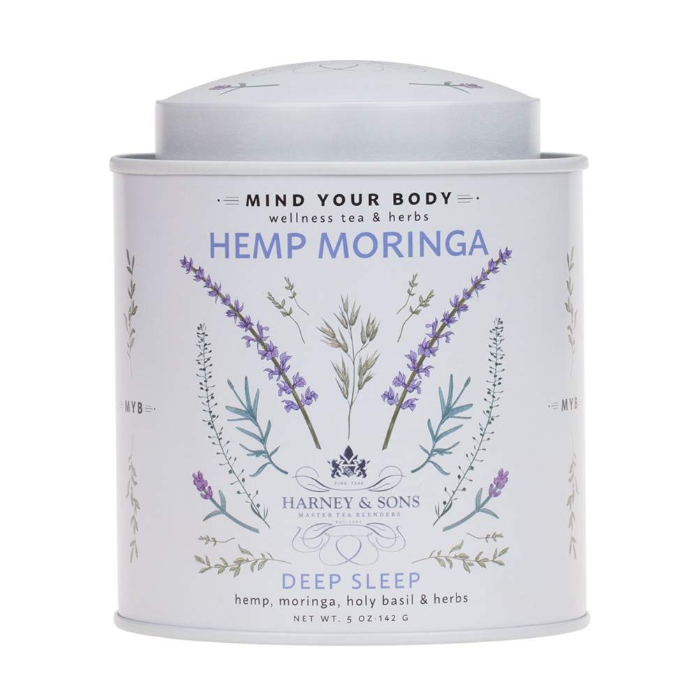 Harney and Sons Hemp Moringa Tea Blend tin front promoting calm evenings.