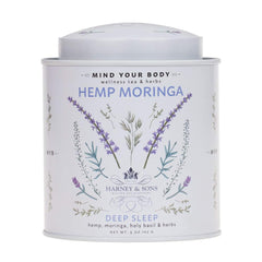Harney and Sons Hemp Moringa Tea Blend tin front promoting calm evenings.