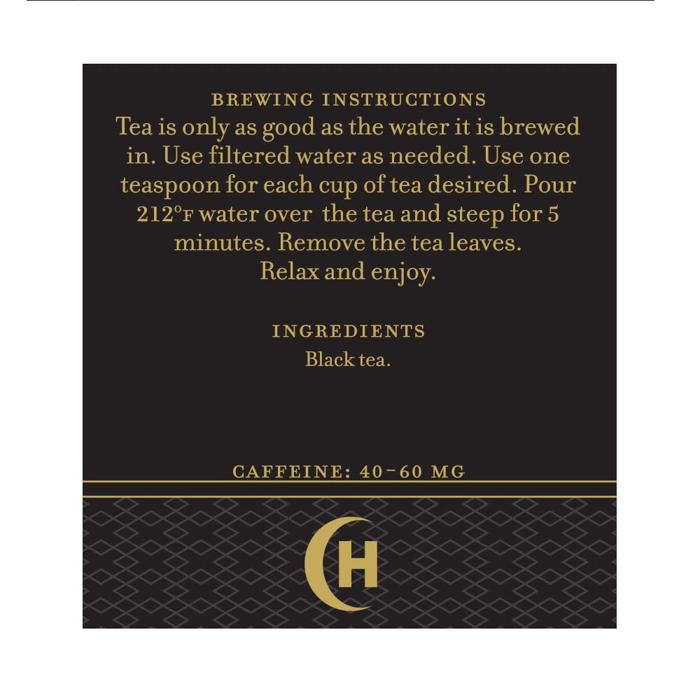 Harney and Sons Irish Breakfast Tea tin back label with caffeine information for morning boost