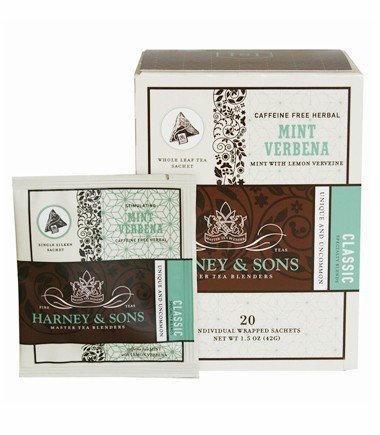 Harney & Sons Mint Verbena tea sachet, a refreshing caffeine-free blend ideal for after meals.