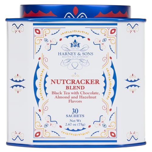 Harney and Sons Nutcracker Blend tin with sachets, ready for cozy tea moments.