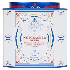 Harney and Sons Nutcracker Blend tin with sachets, ready for cozy tea moments.